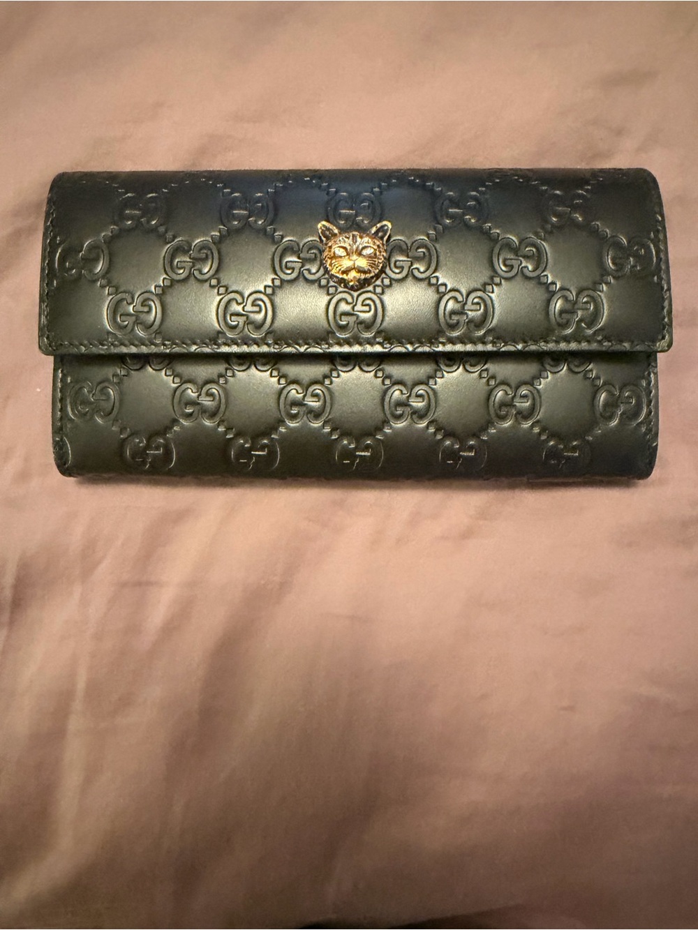 Gucci Black GG Embossed Leather Continental Wallet with Gold Cat Head Accent